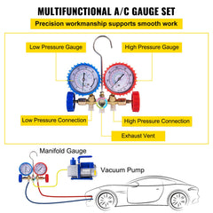 Vacuum Pump 4.8CFM 1/3HP Air Vacuum Pump HVAC A/C Air Refrigerant Rotary Vane Vacuum Pump Single Stage 4 Valve AC Manifold Gauge Set (4.8CFM1/3HP)