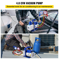 Vacuum Pump 4.8CFM 1/3HP Air Vacuum Pump HVAC A/C Air Refrigerant Rotary Vane Vacuum Pump Single Stage 4 Valve AC Manifold Gauge Set (4.8CFM1/3HP)