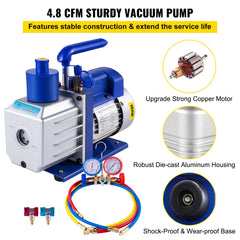 Vacuum Pump 4.8CFM 1/3HP Air Vacuum Pump HVAC A/C Air Refrigerant Rotary Vane Vacuum Pump Single Stage 4 Valve AC Manifold Gauge Set (4.8CFM1/3HP)