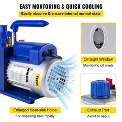 Vacuum Pump 4.8CFM 1/3HP Air Vacuum Pump HVAC A/C Air Refrigerant Rotary Vane Vacuum Pump Single Stage 4 Valve AC Manifold Gauge Set (4.8CFM1/3HP)