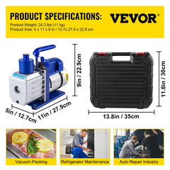 Vacuum Pump 4.8CFM 1/3HP Air Vacuum Pump HVAC A/C Air Refrigerant Rotary Vane Vacuum Pump Single Stage 4 Valve AC Manifold Gauge Set (4.8CFM1/3HP)