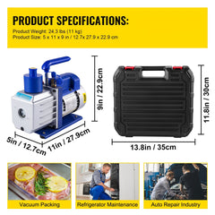 Vacuum Pump 4.8CFM 1/3HP Air Vacuum Pump HVAC A/C Air Refrigerant Rotary Vane Vacuum Pump Single Stage 4 Valve AC Manifold Gauge Set (4.8CFM1/3HP)