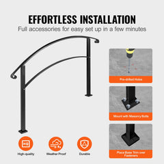 4-Step Handrail Fits 1 or 4 Steps Matte Black Stair Rail Wrought Iron Handrail with Installation Kit Hand Rails for Outdoor Steps