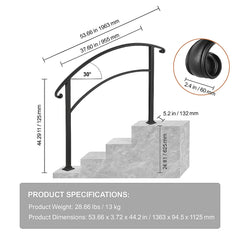 4-Step Handrail Fits 1 or 4 Steps Matte Black Stair Rail Wrought Iron Handrail with Installation Kit Hand Rails for Outdoor Steps