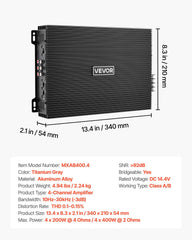 Car Audio Amplifier, 4-Channel Bridgeable Car Amplifier, Multichannel Class AB Stereo Amp, Max. 4 x 200W at 4 Ohms / 4 x 400W at 2 Ohms, High Output, for SUVs, Pickups, and Off-Road Vehicles