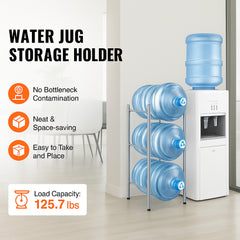 3 Tiers Water Jug Holder, 5 Gallon Water Bottle Holder, Single Row Water Bottle Rack for 3 Bottles, Heavy Duty Water Jug Rack for Kitchen, Office, Living Room, Silver