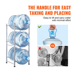 3 Tiers Water Jug Holder, 5 Gallon Water Bottle Holder, Single Row Water Bottle Rack for 3 Bottles, Heavy Duty Water Jug Rack for Kitchen, Office, Living Room, Silver