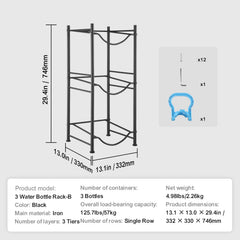 3 Tiers Water Jug Holder, 5 Gallon Water Bottle Holder, Single Row Water Bottle Rack for 3 Bottles, Heavy Duty Water Jug Rack for Kitchen, Office, Living Room, Black