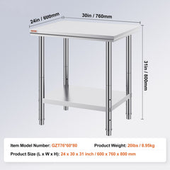 Commercial Worktable & Workstation 24 x 30 x 32 Inch Stainless Steel Work Table Heavy Duty Commercial Food Prep Work Table for Home, Kitchen, Restaurant Metal Prep Table with Adjustable Feet