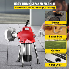 0.75-4 Inch Sectional Pipe Drain Cleaning Machine 400PRM Snake Cleaner Pipe Drain Cleaning Machine with 66 Ft x 0.67 Inch Galvanize Cable Heavy Duty