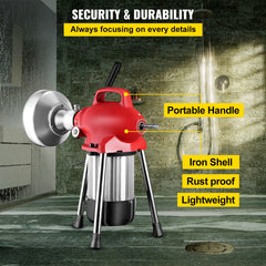 0.75-4 Inch Sectional Pipe Drain Cleaning Machine 400PRM Snake Cleaner Pipe Drain Cleaning Machine with 66 Ft x 0.67 Inch Galvanize Cable Heavy Duty