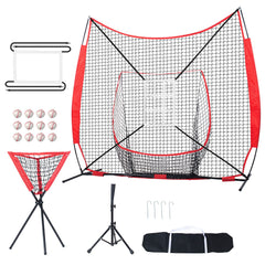 7x7 ft Baseball Softball Practice Net, Portable Baseball Training Net for Hitting Catching Pitching, Backstop Equipment with Bow Frame, Carry Bag, Strike Zone, 12 Balls, Tee, and Ball Collector