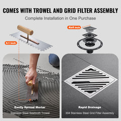 Shower Curb Kit, 1828x1828mm, 72"x72" Shower Pan Kit with 50.8mm ABS Central Flange, 101.6mm Stainless Steel Grate, Waterproof Shower Curb & Membrane & Strip, Shower Pan Slope Sticks Fit for Bathroom