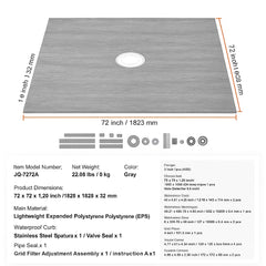 Shower Curb Kit, 1828x1828mm, 72"x72" Shower Pan Kit with 50.8mm ABS Central Flange, 101.6mm Stainless Steel Grate, Waterproof Shower Curb & Membrane & Strip, Shower Pan Slope Sticks Fit for Bathroom