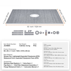 Shower Curb Kit, 1219x1524mm, 60"x48" Shower Pan Kit with 50.8mm ABS Central Flange, Waterproof Membrane, Stainless Steel Grate and Joint Sealant, Shower Pan Slope Sticks Fit for Bathroom