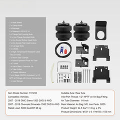 Air Bag Suspension Kit, Air Springs Suspension Bag Kit Compatible with 2007-2018 Chevrolet Silverado 1500 and GMC Sierra 1500 2WD 4WD, 5000 lbs Loading, 5 to 100 PSI