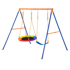 Swing Sets for Backyard, 440lbs Load Capacity Swing Set, with 1 Saucer Swing Seat, 1 Belt Swing Seat, Heavy Duty A-Frame Metal Swing Stand and Adjustable Rope, Swingset Outdoor for Kids