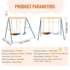 Swing Sets for Backyard, 440lbs Load Capacity Swing Set, with 1 Saucer Swing Seat, 1 Belt Swing Seat, Heavy Duty A-Frame Metal Swing Stand and Adjustable Rope, Swingset Outdoor for Kids