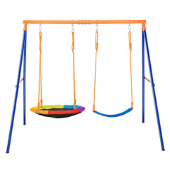 Swing Sets for Backyard, 440lbs Load Capacity Swing Set, with 1 Saucer Swing Seat, 1 Belt Swing Seat, Heavy Duty A-Frame Metal Swing Stand and Adjustable Rope, Swingset Outdoor for Kids