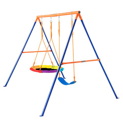 Swing Sets for Backyard, 440lbs Load Capacity Swing Set, with 1 Saucer Swing Seat, 1 Belt Swing Seat, Heavy Duty A-Frame Metal Swing Stand and Adjustable Rope, Swingset Outdoor for Kids