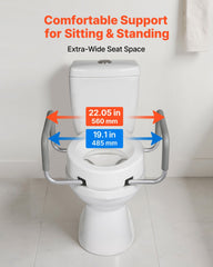 Raised Toilet Seat with Arms, 136.1 kg Load Capacity, 88.9 mm Lift Height, Widened Commode Elevated Toilet Seat Riser with Padded Handles for Seniors, Elderly, Handicap, Disabled, and Adults
