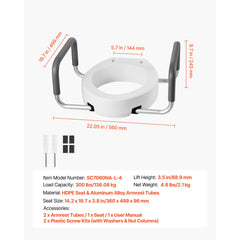 Raised Toilet Seat with Arms, 136.1 kg Load Capacity, 88.9 mm Lift Height, Widened Commode Elevated Toilet Seat Riser with Padded Handles for Seniors, Elderly, Handicap, Disabled, and Adults