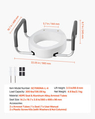 Raised Toilet Seat with Arms, 136.1 kg Load Capacity, 88.9 mm Lift Height, Widened Commode Elevated Toilet Seat Riser with Padded Handles for Seniors, Elderly, Handicap, Disabled, and Adults