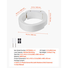 Raised Toilet Seat, 136.1 kg Load Capacity, 88.9 mm Lift Height, Commode Elevated Toilet Seat Riser with Enlarged Opening for Seniors, Elderly, Handicap, Disabled, Adults, Fits Elongated Bowl