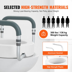Raised Toilet Seat,88.9 mm Height Raised, 136 kg Weight Capacity, for Standard Round Toilet, Aluminum Handrail, with EVA Armrest Padding, for Elderly, Handicap, Patient, Pregnant, Medical