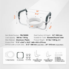 Raised Toilet Seat,88.9 mm Height Raised, 136 kg Weight Capacity, for Standard Round Toilet, Aluminum Handrail, with EVA Armrest Padding, for Elderly, Handicap, Patient, Pregnant, Medical