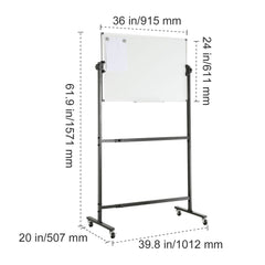 91.5x61cm Rolling Magnetic Whiteboard, Double-sided Mobile Whiteboard, Adjustable Height Dry Erase Board with Wheels, 1 Magnetic Erase & 3 Dry Erase Markers & Movable Tray Office, School