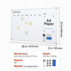 Magnetic Whiteboard Dry Erase Board 36" x 24" Wall Mounted for Office