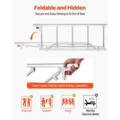 Foldable Bed Rail for Elderly, 122 cm Bedside Assist Rail with Fixing Strap, Adjustable Height Pipe Bedside Cane, High-Strength Metal Senior Bed Bar, Hand Guard Grab Fits King, Queen, Full, Twin