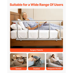 Foldable Bed Rail for Elderly, 122 cm Bedside Assist Rail with Fixing Strap, Adjustable Height Pipe Bedside Cane, High-Strength Metal Senior Bed Bar, Hand Guard Grab Fits King, Queen, Full, Twin