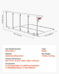 Foldable Bed Rail for Elderly, 122 cm Bedside Assist Rail with Fixing Strap, Adjustable Height Pipe Bedside Cane, High-Strength Metal Senior Bed Bar, Hand Guard Grab Fits King, Queen, Full, Twin