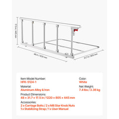 Foldable Bed Rail for Elderly, 122 cm Bedside Assist Rail with Fixing Strap, Adjustable Height Pipe Bedside Cane, High-Strength Metal Senior Bed Bar, Hand Guard Grab Fits King, Queen, Full, Twin