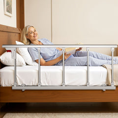 Foldable Bed Rail for Elderly, 122 cm Bedside Assist Rail with Fixing Strap, Adjustable Height Pipe Bedside Cane, High-Strength Metal Senior Bed Bar, Hand Guard Grab Fits King, Queen, Full, Twin