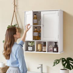 Bathroom Wall Cabinet, 2 Doors & Adjustable Shelf, Over the Toilet Storage Medicine Cabinet Wall Mounted, Hanging Organizer with Shelves & Open Partition for Laundry Room Kitchen Restroom, White