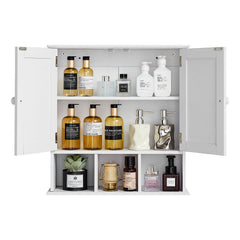 Bathroom Wall Cabinet, 2 Doors & Adjustable Shelf, Over the Toilet Storage Medicine Cabinet Wall Mounted, Hanging Organizer with Shelves & Open Partition for Laundry Room Kitchen Restroom, White