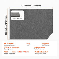 Rug Pad Without Slip Resistance, Protective Cushioning Carpet Pad, 9' x 12', 1/4"Thick, 100% Pure Polyester Felt, 10-11㎡ Premium Comfort Underfoot Carpet Padding Rug Cushion for All Floors, Gray