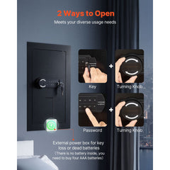 Wall Safe, 3-Tier Hidden Wall Mounted Safe with Password & Key, Q235 Cold-Rolled Steel In-Wall Box with LED Lighting, 2 Adjustable Shelves & 5 Key Holders for Money, Jewelry, Passport, Black
