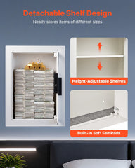 0.83 sq.ft Wall Safe, 3-Tier Hidden Wall Safe with Password, Key & Turning Knob, Q235 Cold-Rolled Steel In-Wall Box with Adjustable Shelves & Mounting Holes for Money, Jewelry, Passport, White