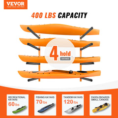 Wall Kayak Storage Rack, 4-Capacity Wall Mounted Kayak Holders for Kayak Canoe Paddle Board, Kayak Storage Hooks with Adjustable Padded Arms, 181.6 KG Load Kayak Hanger for Indoor Outdoor Garage