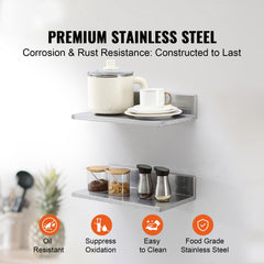 21.8 x 40.6 cm Stainless Steel Shelf, Wall Mounted Floating Shelving with Backsplash, 20 kg Load Capacity Commercial Shelves, Heavy Duty Storage Rack for Restaurant, Kitchen, Bar, Home, and Hotel