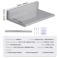 21.8 x 40.6 cm Stainless Steel Shelf, Wall Mounted Floating Shelving with Backsplash, 20 kg Load Capacity Commercial Shelves, Heavy Duty Storage Rack for Restaurant, Kitchen, Bar, Home, and Hotel