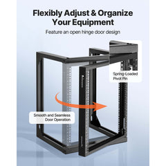 12U Wall Mount Server Rack, 68.04 kg Max Load Capacity, Open Frame Network Rack with 180 Degrees Gate Swing Door, Carbon Steel, Ideal for IT Network Equipment & AV Devices Computer Server, Black