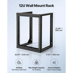 12U Wall Mount Server Rack, 68.04 kg Max Load Capacity, Open Frame Network Rack with 180 Degrees Gate Swing Door, Carbon Steel, Ideal for IT Network Equipment & AV Devices Computer Server, Black