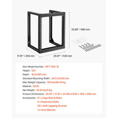 12U Wall Mount Server Rack, 68.04 kg Max Load Capacity, Open Frame Network Rack with 180 Degrees Gate Swing Door, Carbon Steel, Ideal for IT Network Equipment & AV Devices Computer Server, Black
