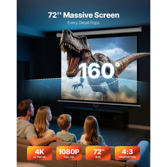 Manual Projector Screen, 1829 mm 4:3 4K 1080 HD Retractable Pull Down Projector Screen, Wall Mounted Movie Projection with Pull Rope, Portable Display Projectoin for Family Home Office Theater