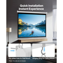 Manual Projector Screen, 1829 mm 4:3 4K 1080 HD Retractable Pull Down Projector Screen, Wall Mounted Movie Projection with Pull Rope, Portable Display Projectoin for Family Home Office Theater